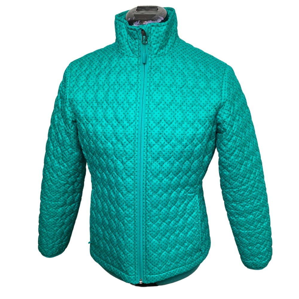 LANDS END Waterproof zipper Jacket Teal Polka dot quilted long sleeve Size XS